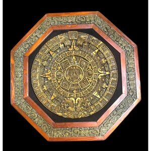 Vtg 18" Aztec Mayan Calendar Wall Art Green Malachite Stone Wood Frame Velvet Ac